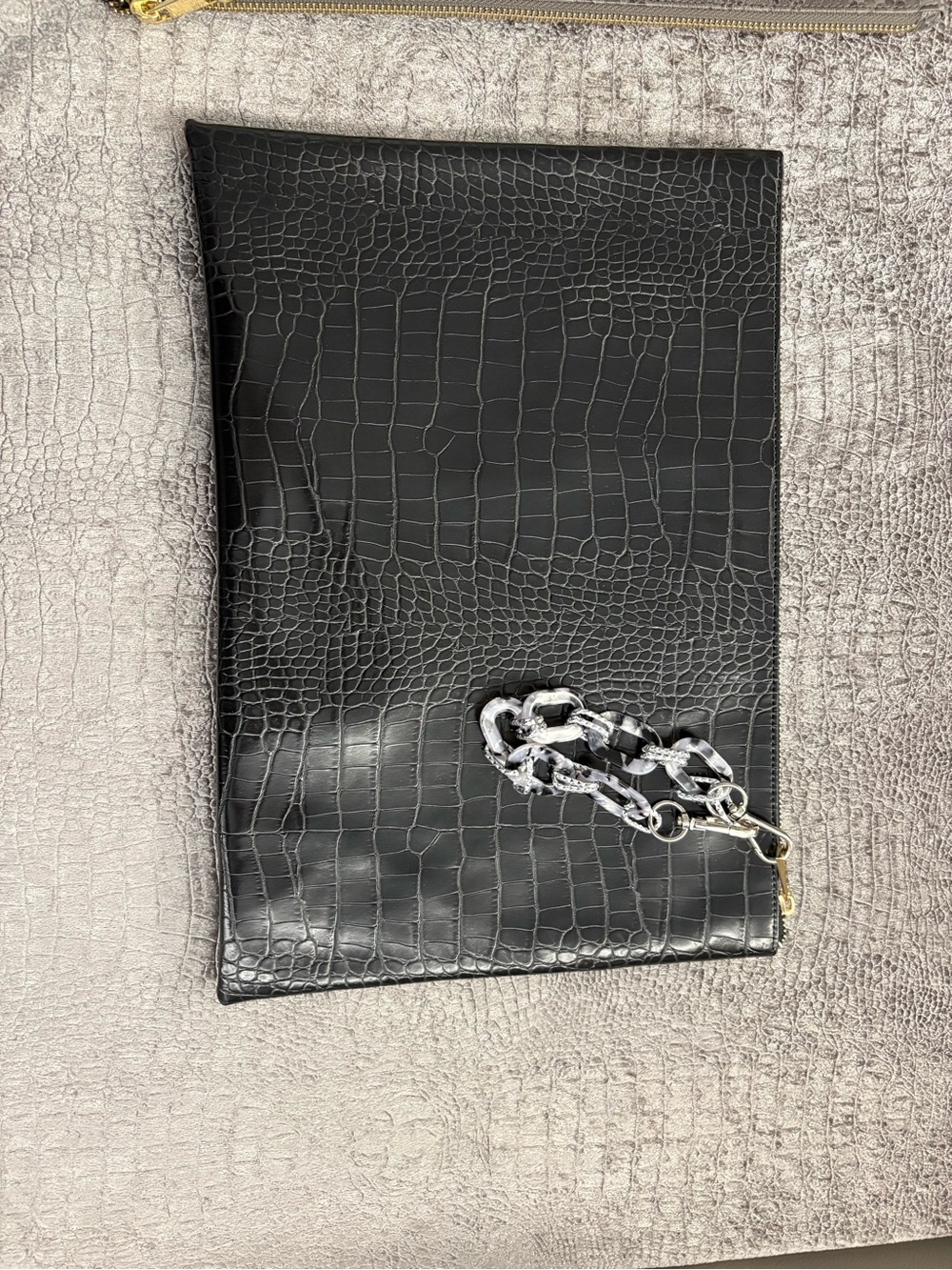 Black Croc-Embossed Leather Zip Pouch women’s Accessory with charm